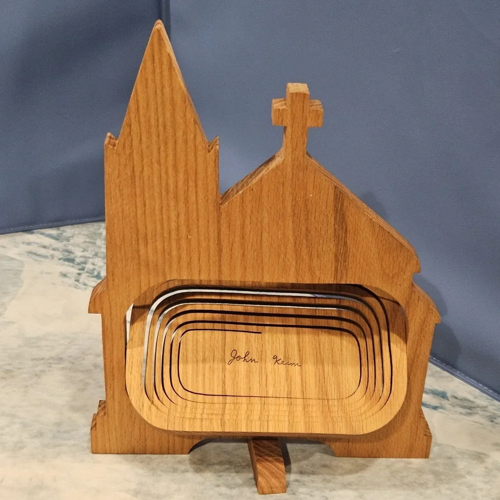 John Keim Folding Basket Wood Church Shape Longaberger Style Handmade‎ Decor